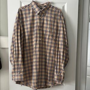 Orvis Beige Plaid Long-Sleeve Button-Down Shirt with Navy and Red Trim
